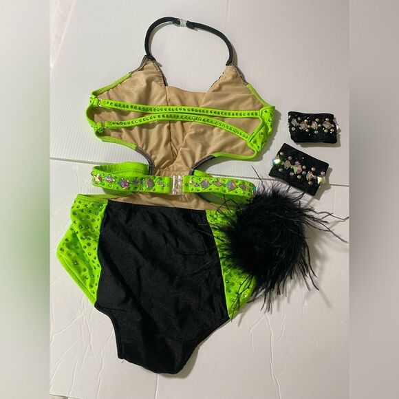 Glamour solo dance costume neon green Feather rhinestone embellished leotard XLC - Picture 5 of 9